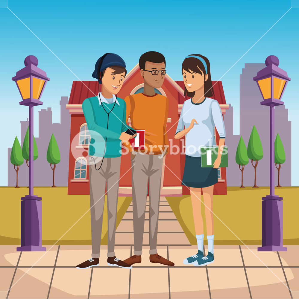 999x1000 Young Students Outside Of High School Vector Illustration Graphic