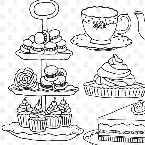 570x570 High Tea, Afternoon Tea Time, Teapot Teacups Cake Handdrawn Hand
