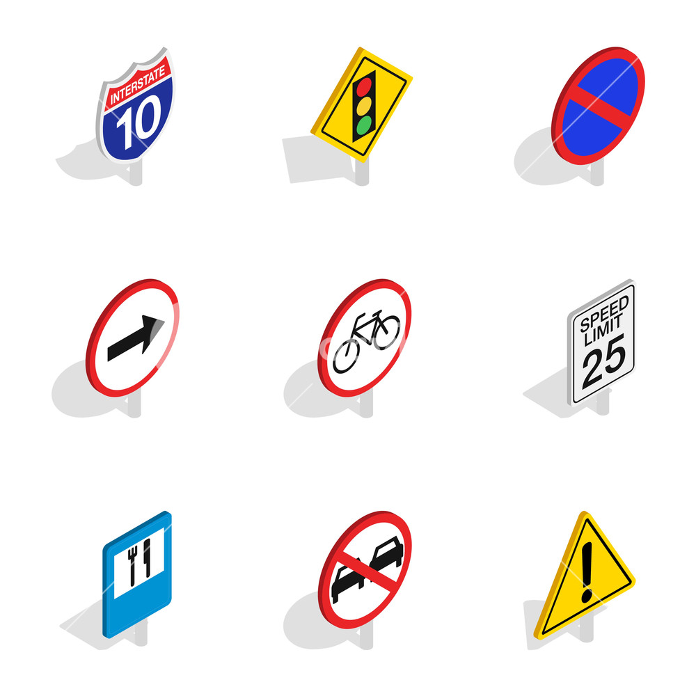 Road And Highway Sign Icons Set Isometric Illustration 1000x1000 Road And Highway Sign Icons Set Isometric Illustration