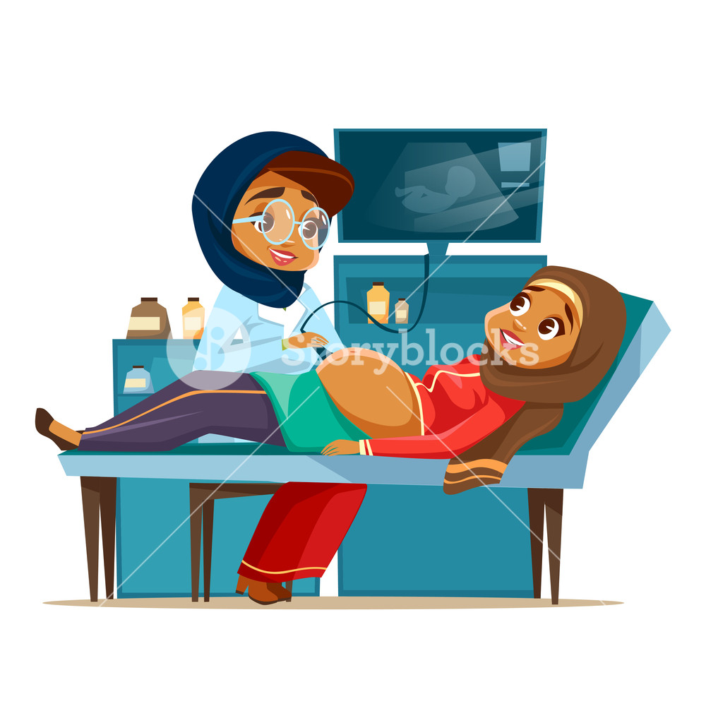 1000x1000 Vector Cartoon Arab Ultrasound Pregnancy Screening Concept Muslim