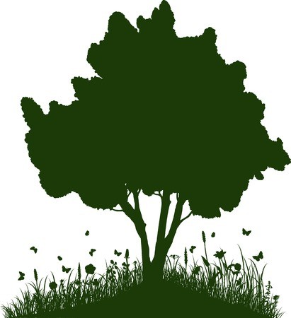Tree On A Hill With Grass And Butterflies, Silhouette Vector 411x450 Tree On A Hill With Grass And Butterflies, Silhouette Vector