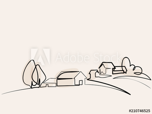 500x375 Continuous Line Drawing Landscape With Village On Hill Vector