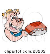 175x190 Clipart Illustration Of A Hillbilly Pig In Overalls, Eating Ribs