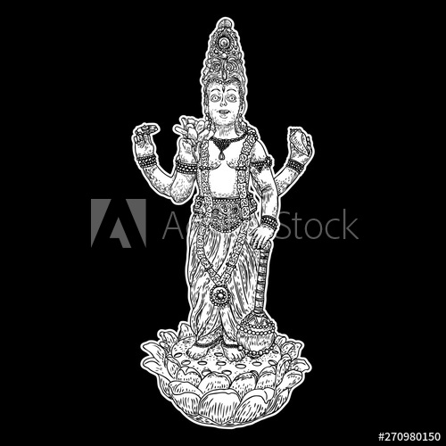 500x500 Lord Vishnu Standing On Lotus Giving Blessing Hand Drawn