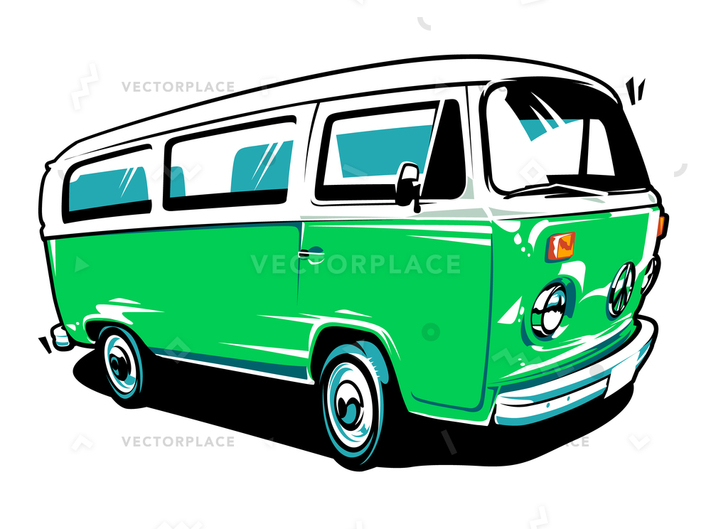 1000x744 Green Hippie Retro Car Isolated White Vector Illustration