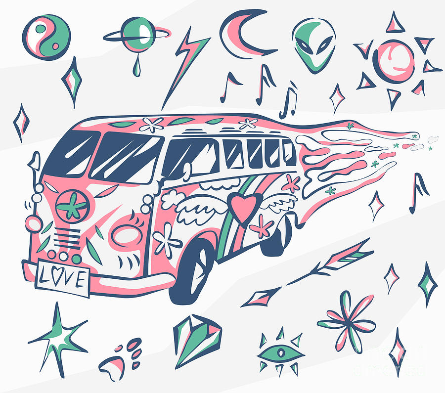 900x795 Love Bus Vector Poster Hippie Car Digital Art