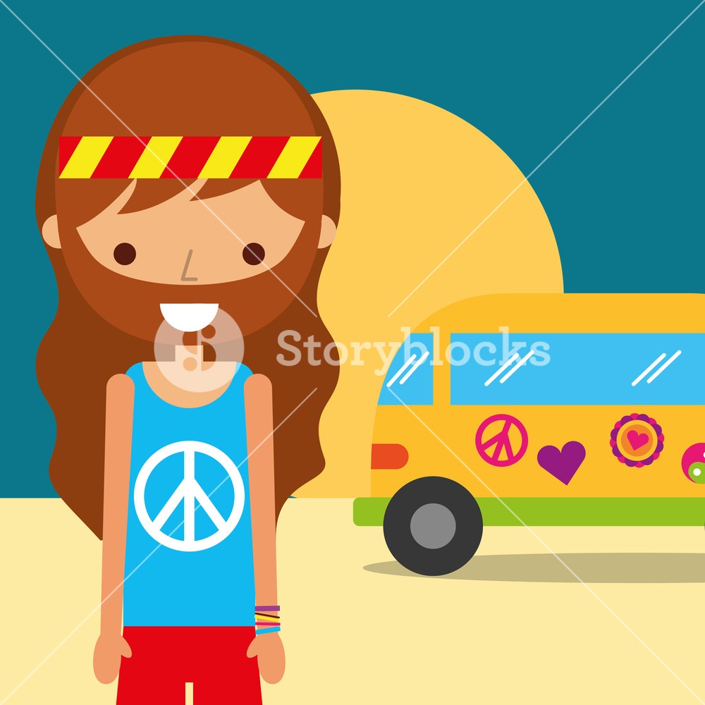 1000x1000 Man Hippie Van Traditional Free Spirit Vector Illustration Royalty