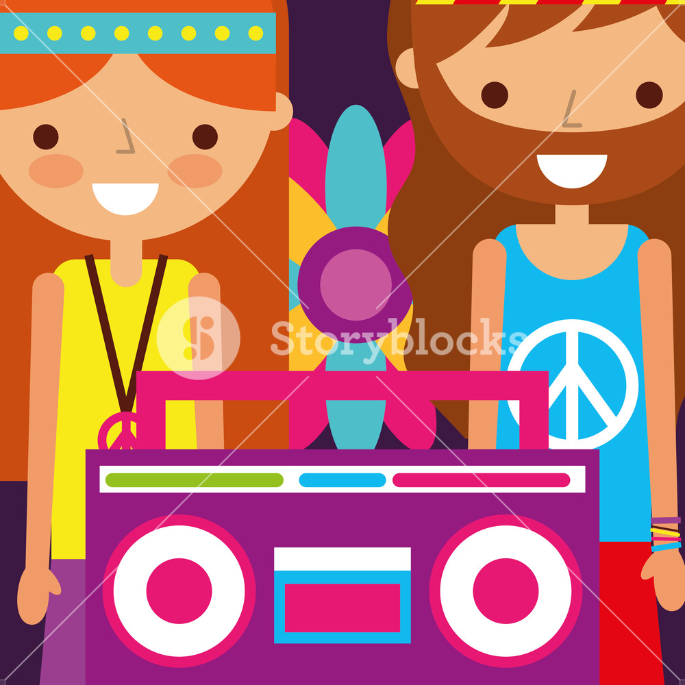 1000x1000 Hippie Man And Woman Flower And Radio Retro Free Spirit Vector