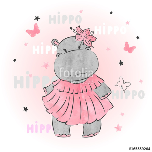 500x500 Cute Cartoon Baby Hippo Vector Watercolor Illustration Stock