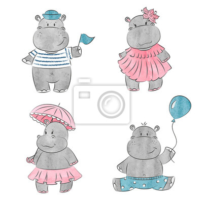 400x400 Set Of Cute Cartoon Baby Hippo Vector Watercolor Illustration