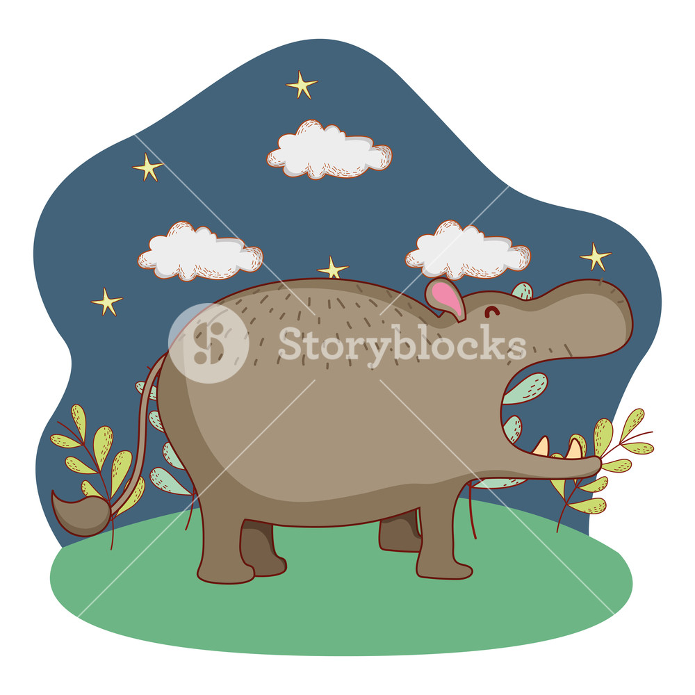 1000x1000 Cute Hippo Outdoors In Nature Scenery Cartoon Vector Illustration