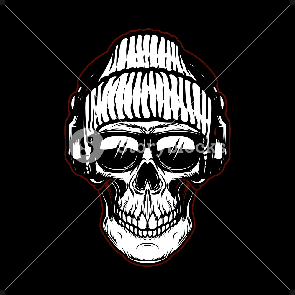 1000x1000 Vintage Hipster Skull In Sunglasses And Headphones Design Element