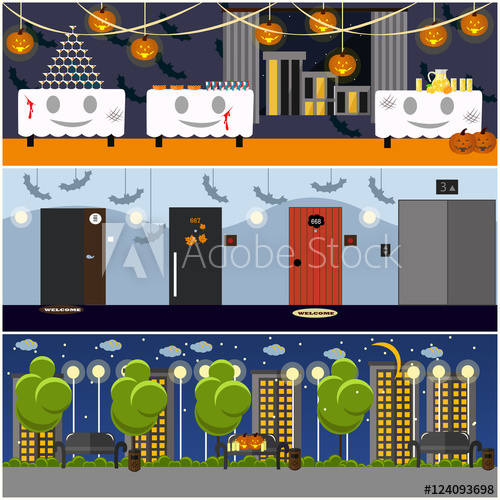 500x500 Happy Halloween Holiday Party Interior Concept Posters Vector