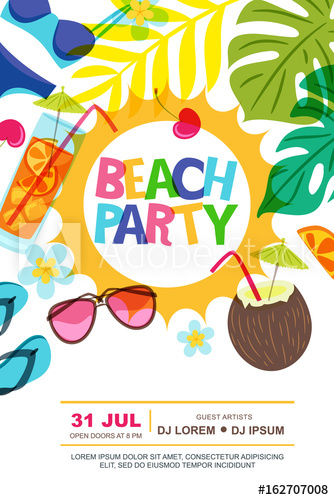 334x500 Beach Party Vector Summer Poster Design Template Sun, Palm Leaves