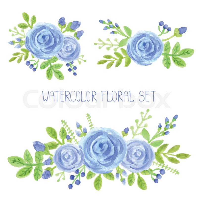 800x800 Watercolor Blue Flowers,green Stock Vector Colourbox