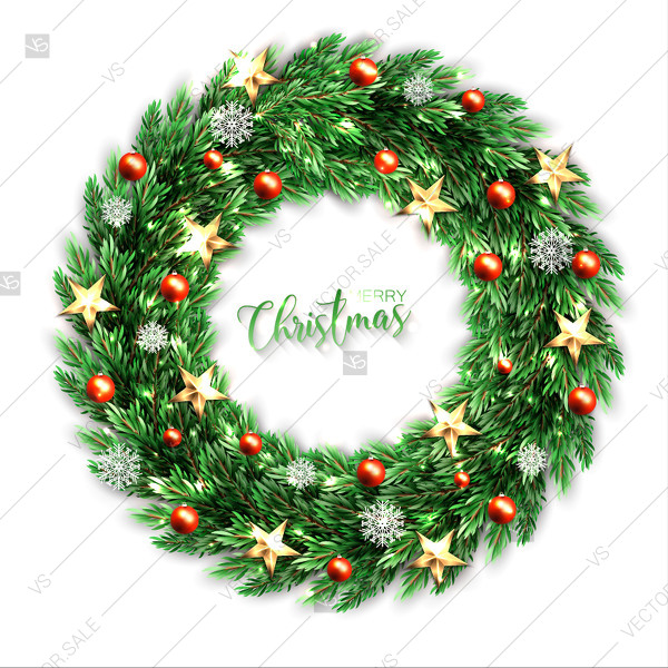 600x600 Pine And Fir Tree Branches Wreath Vector Clip Art With Stars Balls