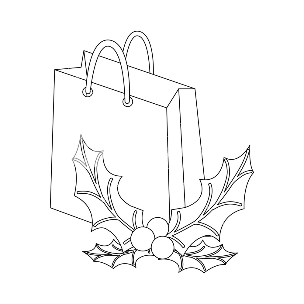 1000x1000 Christmas Paper Bag And Holly Berry Vector Illustration Royalty