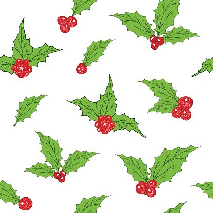 416x416 Holly Leaves, Berries Handdrawn Retro, Vintage Seamless Vector