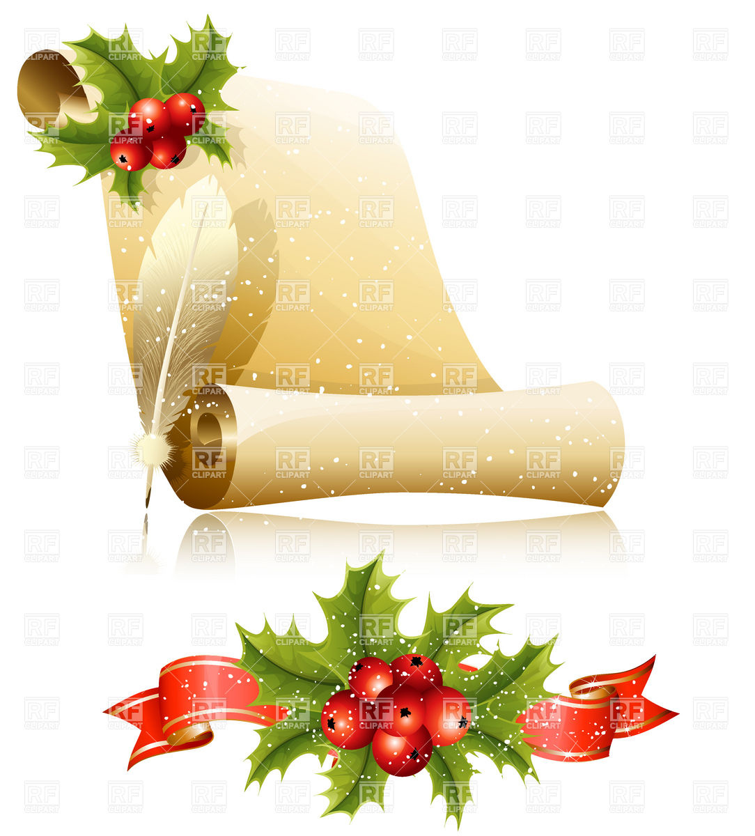 Paper Scroll With Feather And Christmas Holly Vector Image 1084x1200 Paper Scroll With Feather And Christmas Holly Vector Image