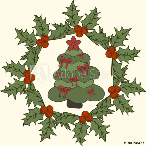 500x500 Christmas Tree And Holly Wreath Vector Image Isolated On Light