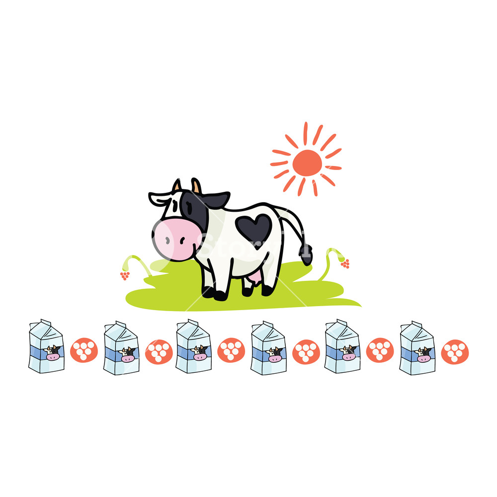 1000x1000 Cute Cow Dairy Cartoon Vector Illustration Motif Set With Border