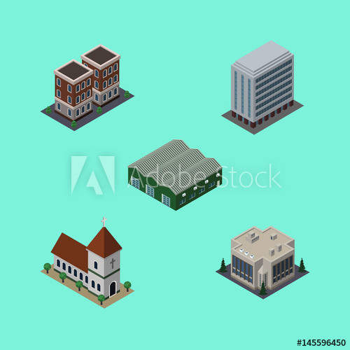 Isometric Urban Set Of Chapel, Office, House And Other Vector 500x500 Isometric Urban Set Of Chapel, Office, House And Other Vector