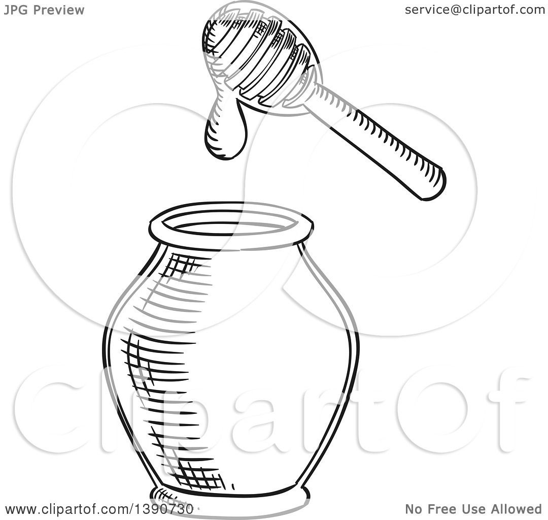 1080x1024 Clipart Of A Black And White Sketched Honey Dipper And Jar