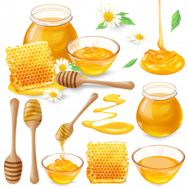 626x626 Set Of Vector Illustrations Of Honey In Honeycombs, In A Jar