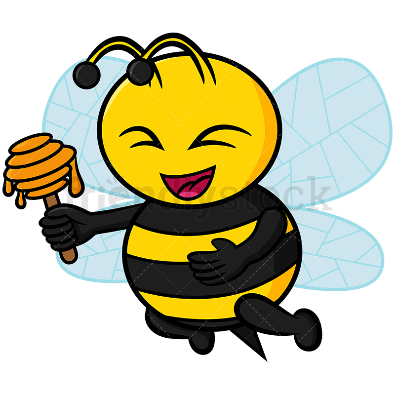 800x800 Happy Bee Holding A Honey Dipper Vector Cartoon Clipart
