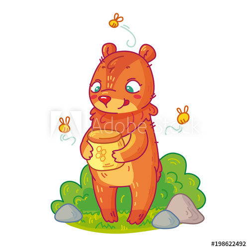 500x500 Cute Cartoon Bear With Honey Pot Vector Illustration Of Forest