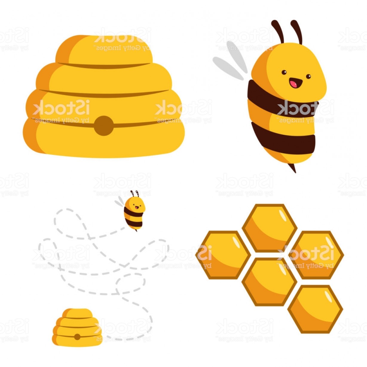 1228x1228 Cute Bee Beehive Honeycomb With Honey Vector Cartoon Set Isolated