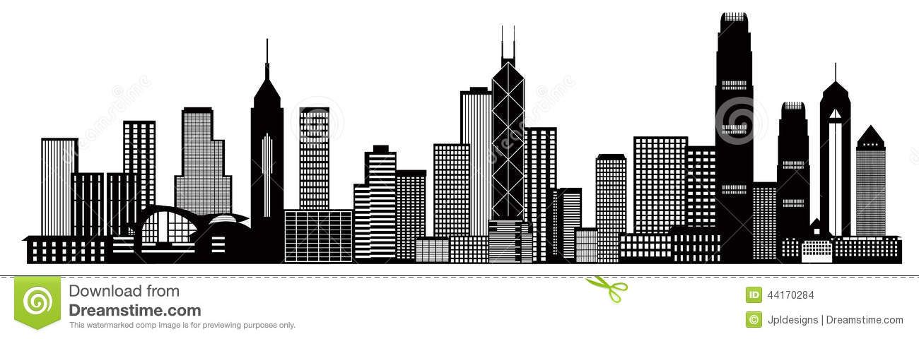 1300x480 Hong Kong City Skyline Black And White Vector Illu