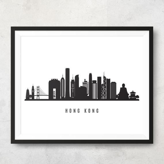 570x570 Hong Kong Skyline Printable Hong Kong China Black White Wall Etsy