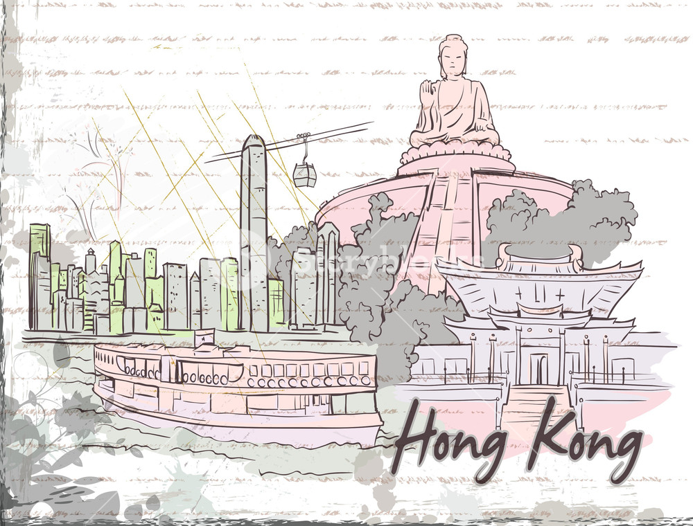 1000x760 Hong Kong Doodles With Grunge Background Vector Illustration