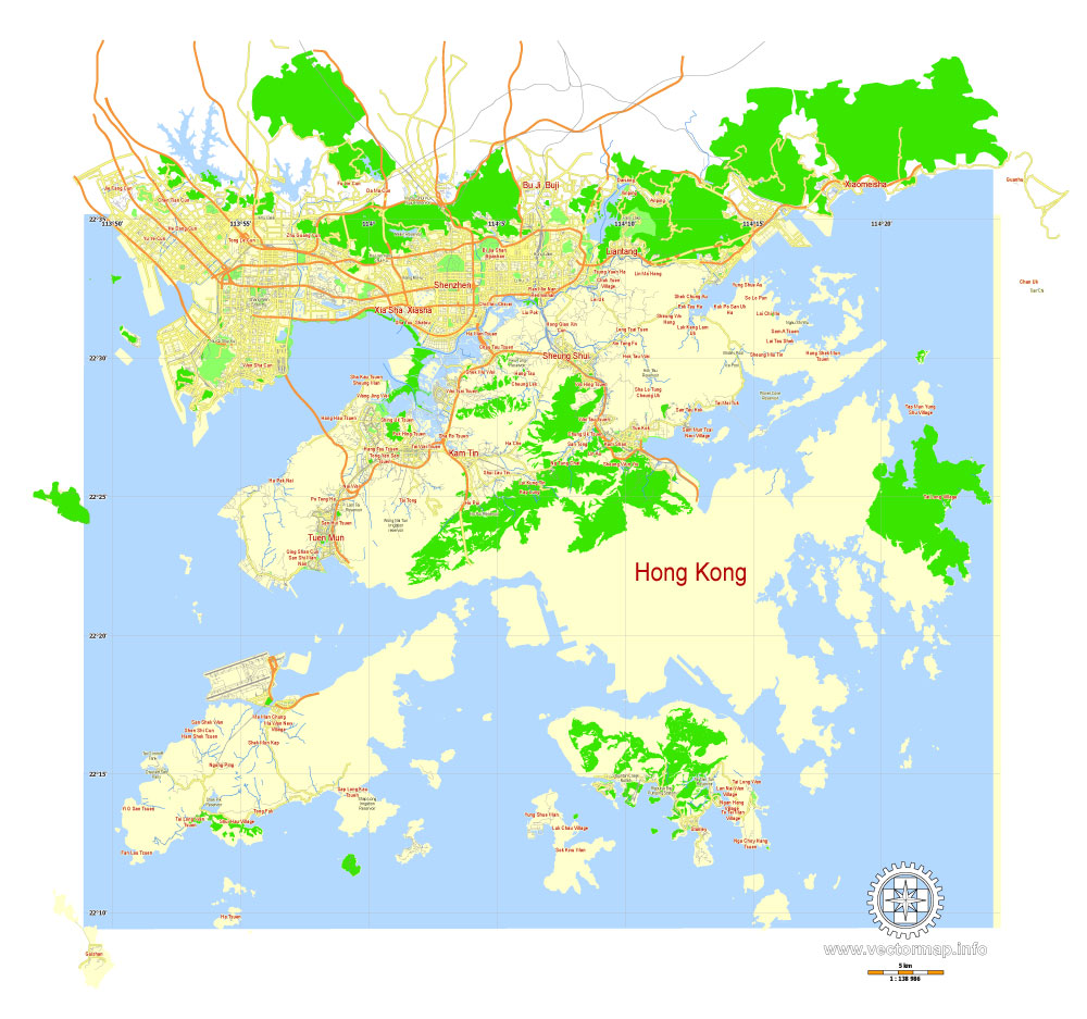 1000x937 Hong Kong Map China Printable Vector City Plan Km Scale Full