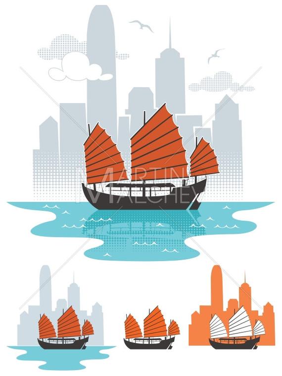 570x760 Hong Kong Vector Cartoon Illustration Junk Boat Ship Etsy