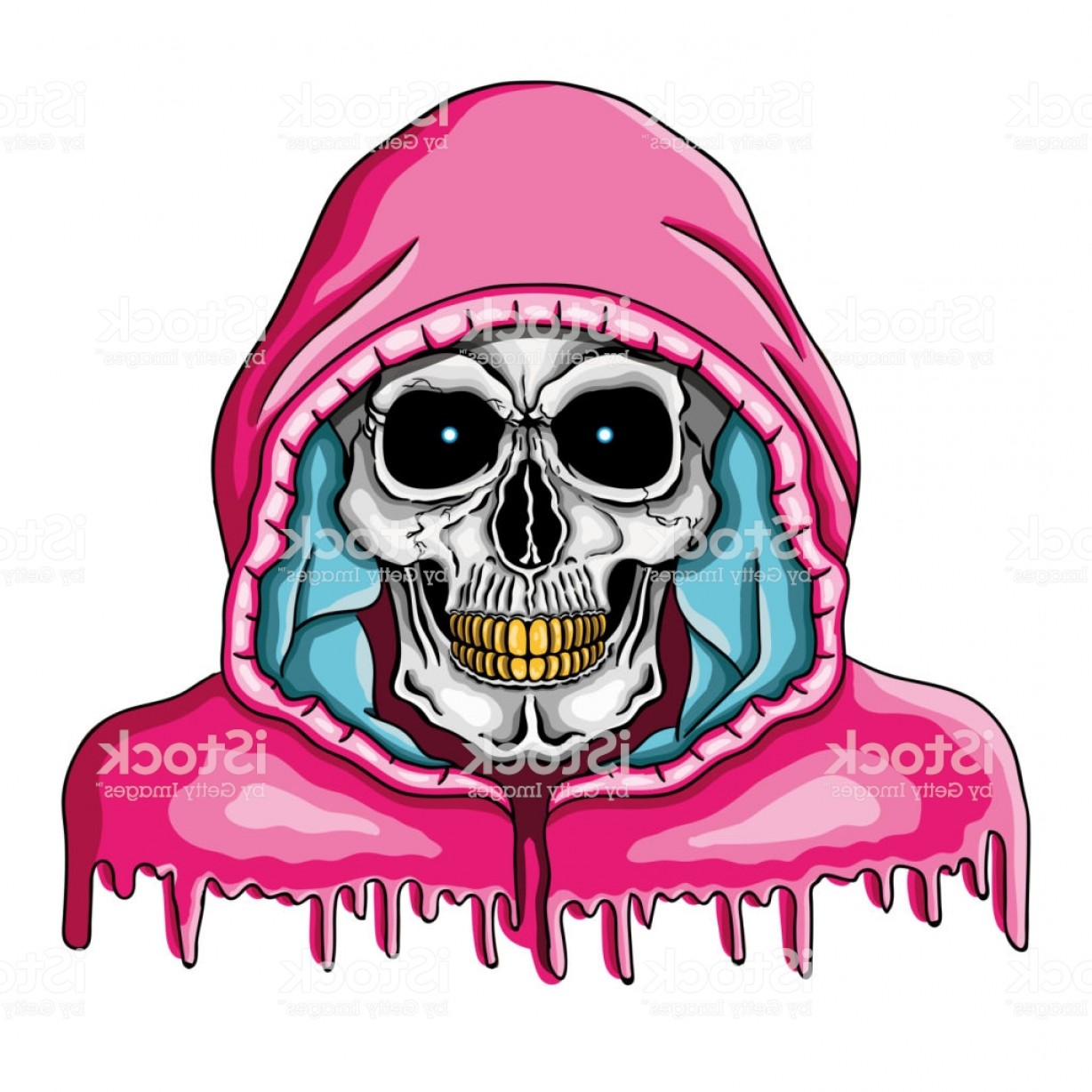 Vector Illustration Of Human Skull With Golden Teeth And Pink Hood 1228x1228 Vector Illustration Of Human Skull With Golden Teeth And Pink Hood