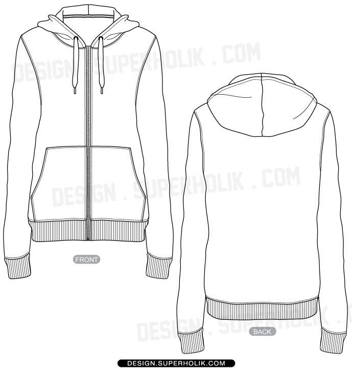 689x725 Full Zip Up Hoodie Vector Template Flat Drawing Fashion Design