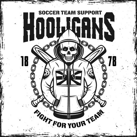 450x450 Hooligan Skull In Hoodie Vintage Print With Two Crossed Baseball