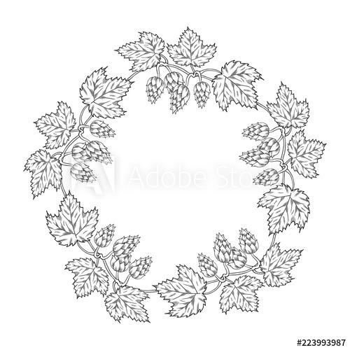 500x500 Hand Drawn Round Vintage Wreath With Hop Cone On Branch