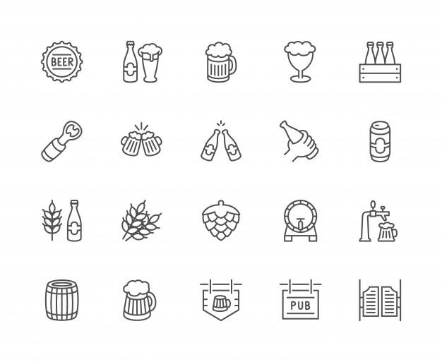 626x513 Set Of Beer Line Icons Bottle Cap, Mug, Opener, Wheat Grain, Hop