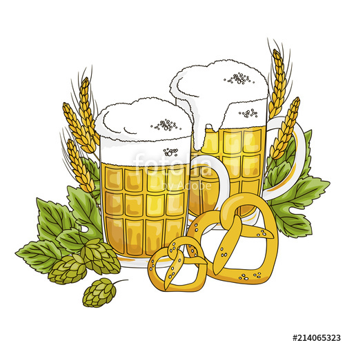 500x500 Vector Contour Color Lager Beer Glass Drink With Foam Hop Leaf