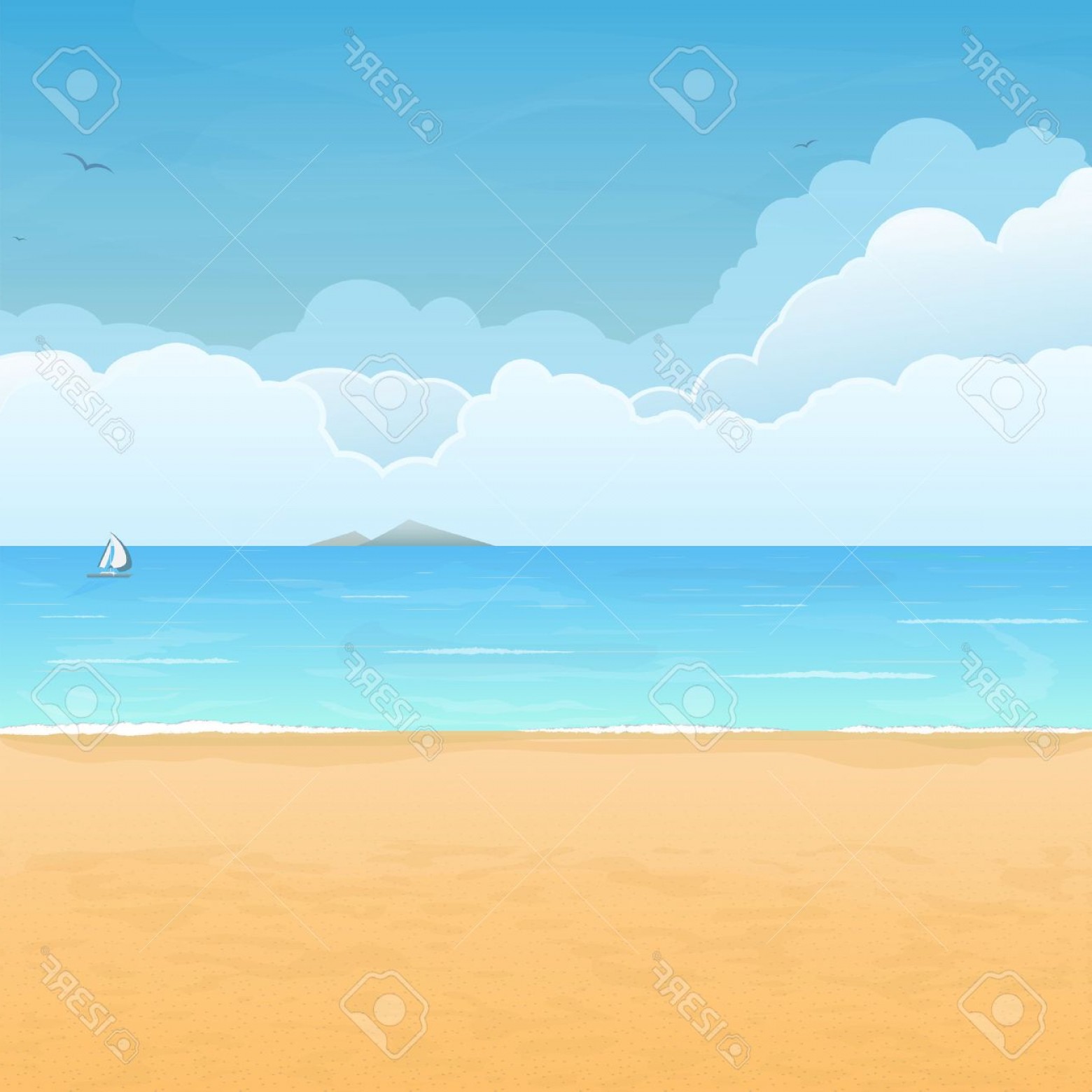 1560x1560 Photostock Vector Tropical Sand Beach Boat In Sea Mountain Island