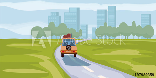 500x250 Road Way To City Buildings On Horizon Vector Illustration, Car