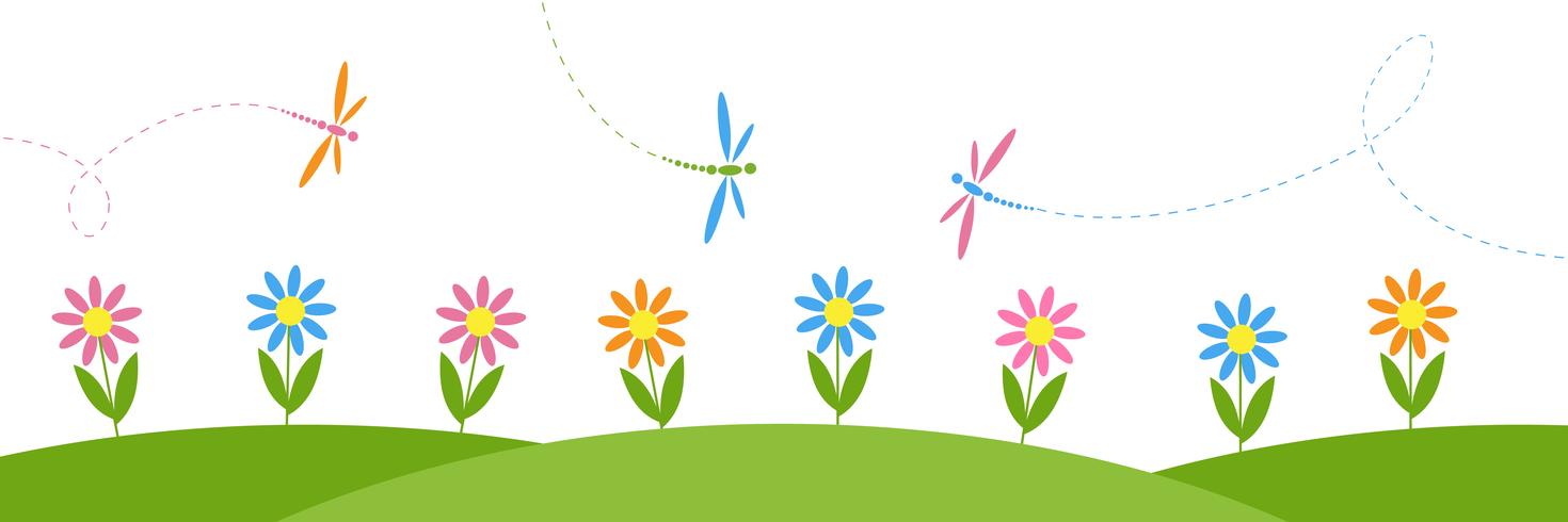 1470x490 Vector Horizontal Background With Flowers And Dragonflies