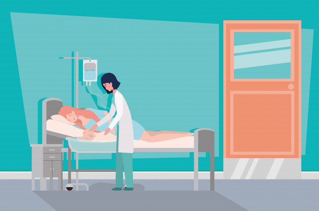 626x415 Cute Mother With Newborn Baby And Doctor In Hospital Room Vector
