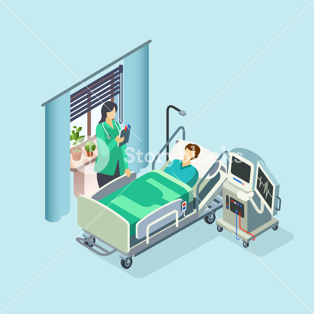 1000x1000 Vector Isometric Modern Hospital Room, Ward With Male Patient
