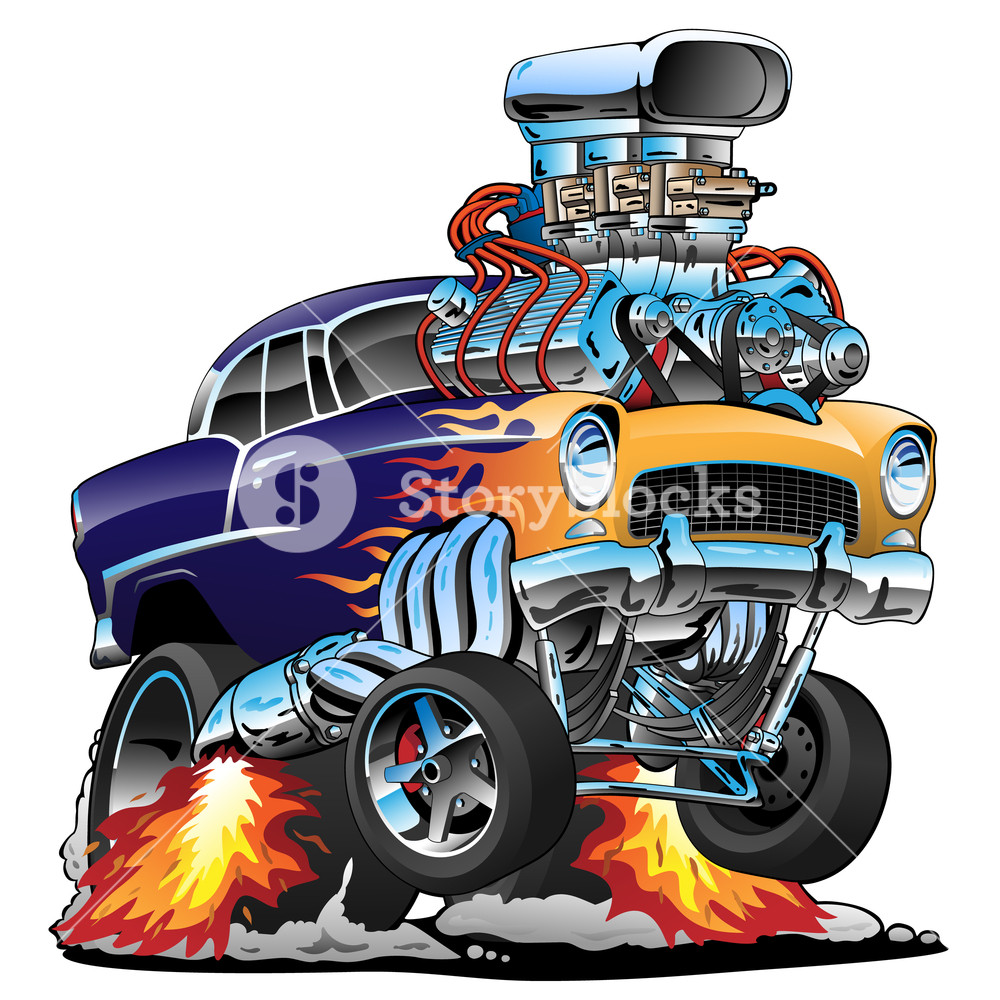1000x1000 Classic Hot Rod Muscle Car, Flames, Big Engine, Cartoon Vector