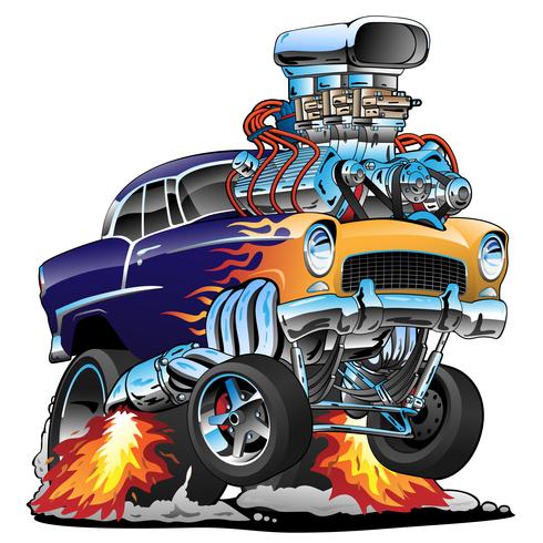 490x490 Classic Hot Rod Muscle Car, Flames, Big Engine, Cartoon Vector