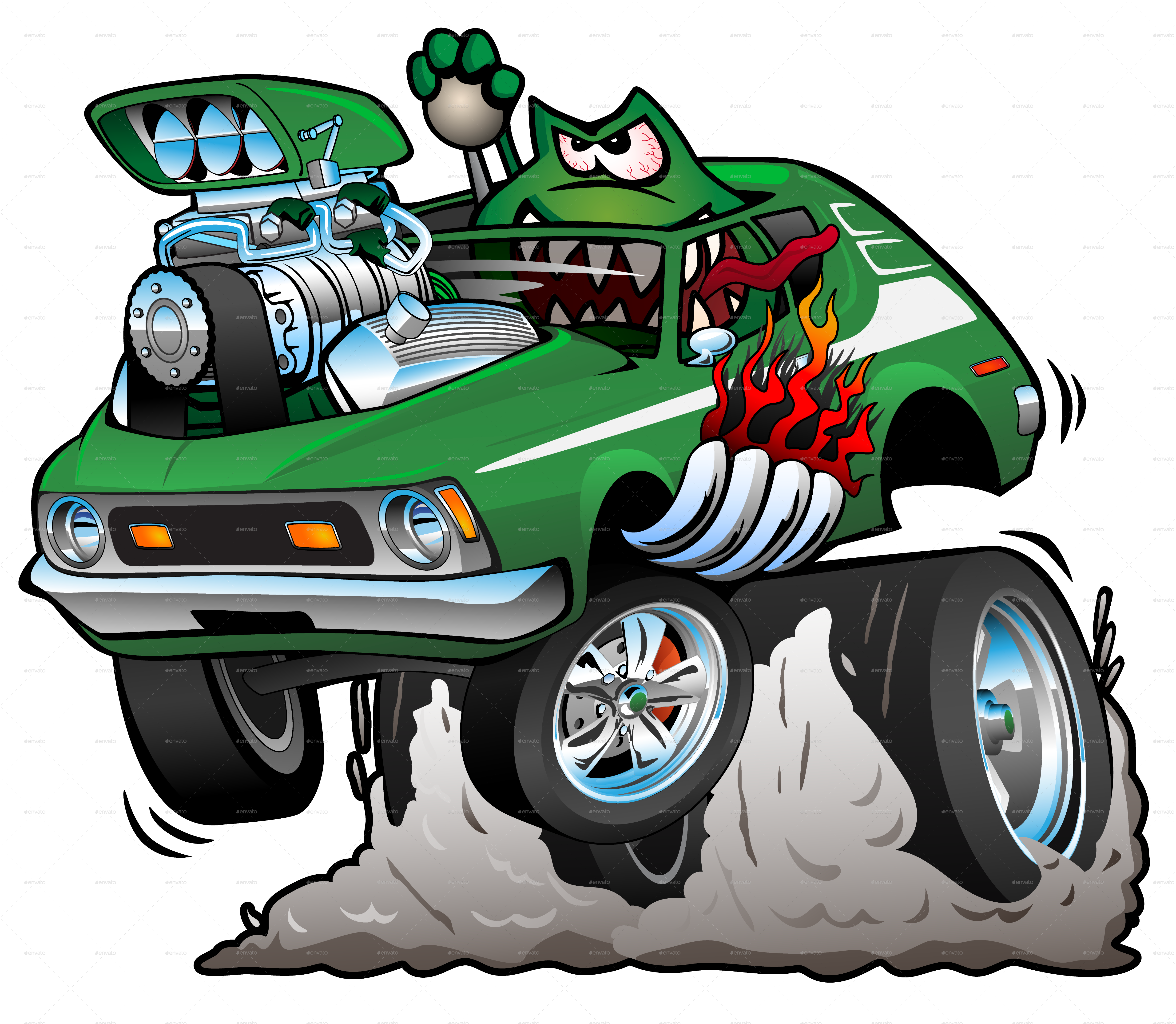 5000x4352 Seventies Green Hot Rod Cartoon Vector Illustration